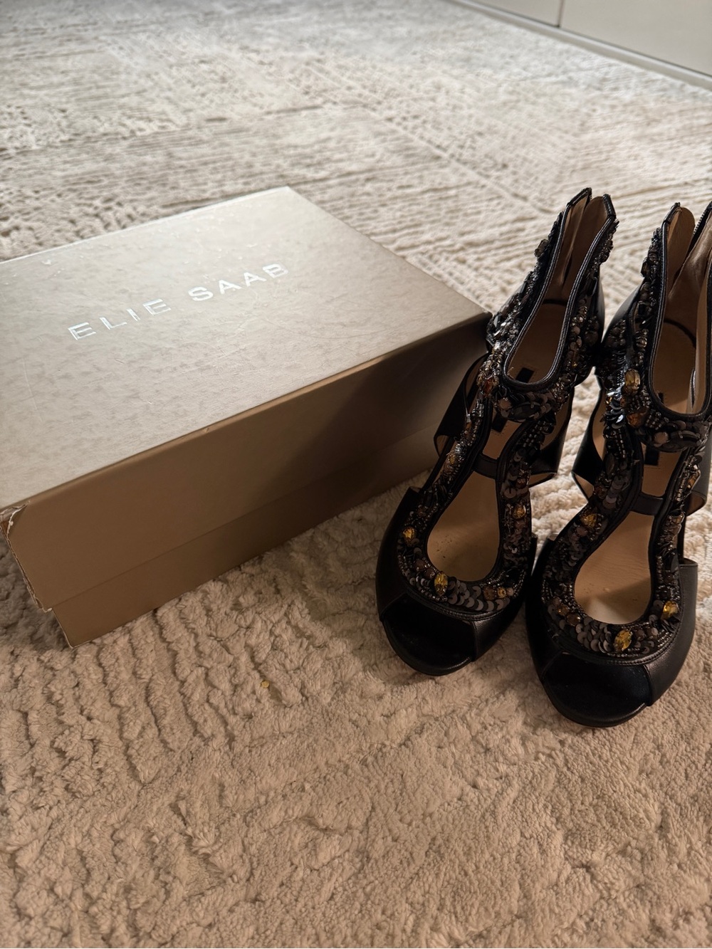 Elie Saab Black Embellished T-Strap High Heels with Gold Accents